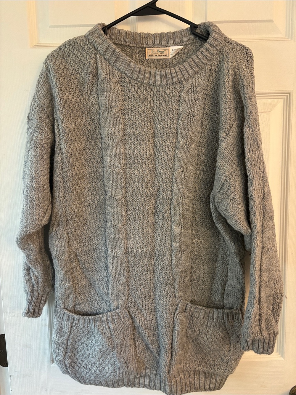 L.L. Bean Light Gray Wool Cable Knit Crewneck Sweater with Pockets